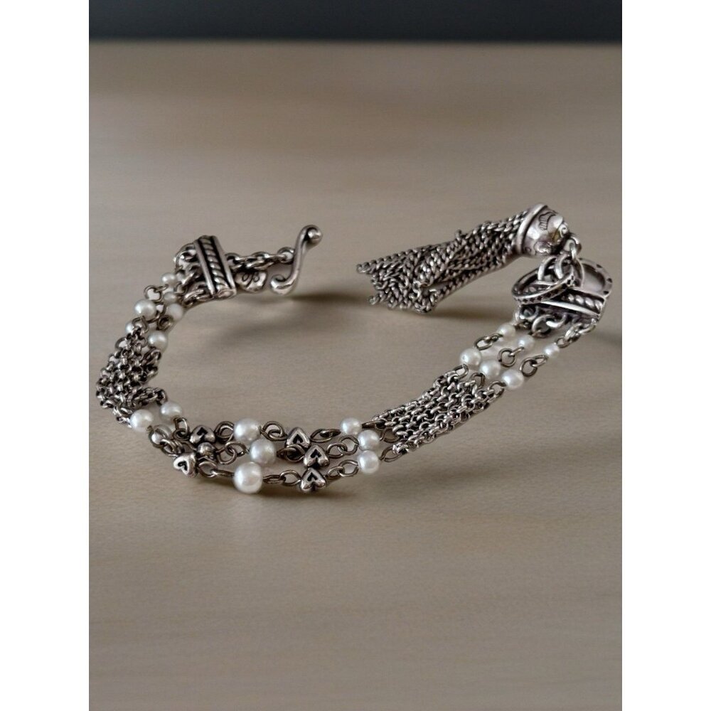 Brighton Charleston Tassel Pearl Toggle Bracelet Silver Tone 3 strands